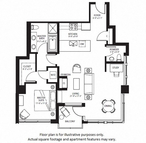 Floor plan for 1 bed, 1.5 baths, 994 sqft